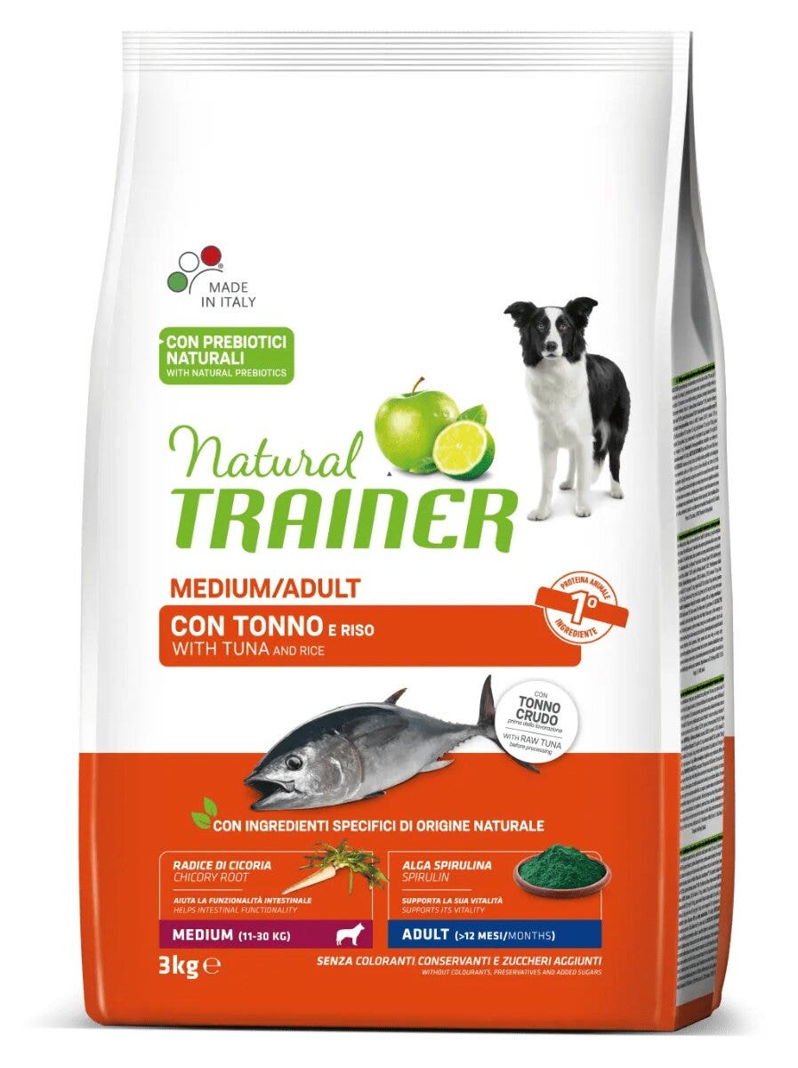 Natural Trainer Crocchette Tonno/Riso Per Cani Adulti Taglia Media Sacco 12 Kg