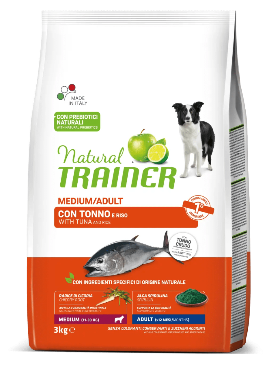 Natural Trainer Crocchette Tonno/Riso Per Cani Adulti Taglia Media Sacco 12 Kg