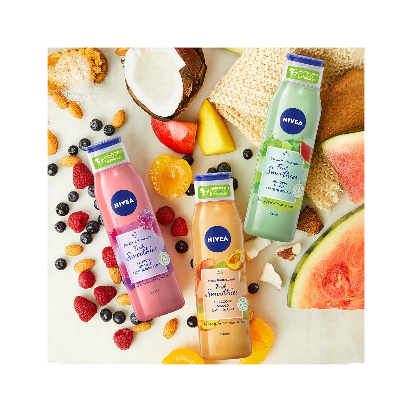 Nivea Gel douche Fresh Smoothies Framboise & Myrtille, gel moussant aux ingrédients naturels, 300 ml