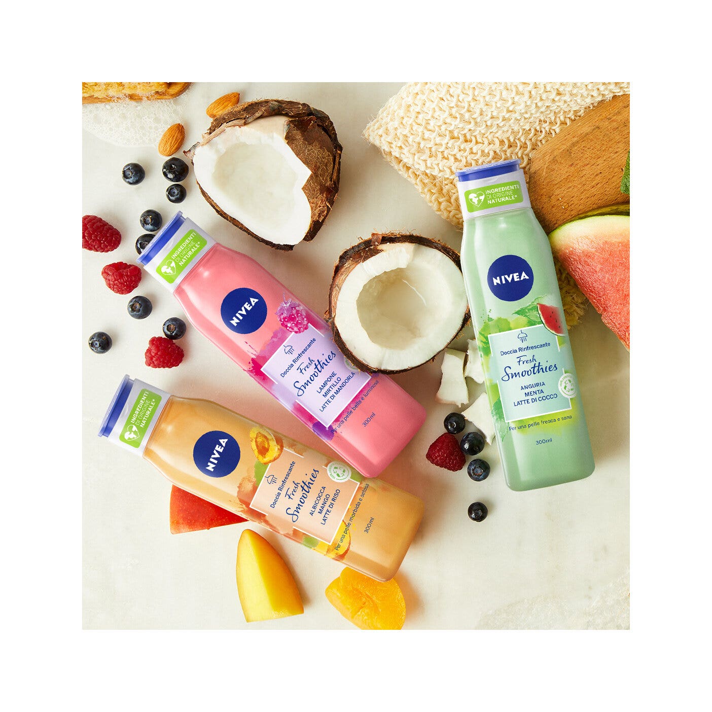 Nivea Gel douche Fresh Smoothies Framboise & Myrtille, gel moussant aux ingrédients naturels, 300 ml