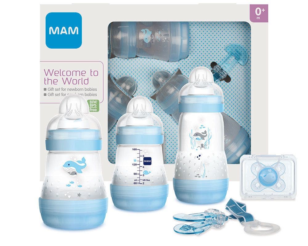 Coffret cadeau pour nouveau-nés Mam Bleu clair 2 biberons Easy Start 160 ml + 1 biberon Easy Start Anti-Colic 260 ml + 1 tétine + 1 clip
