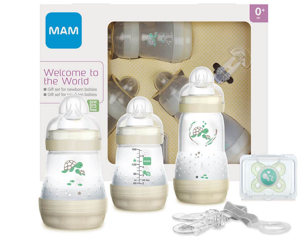 Mam Coffret Cadeau pour Nouveau-nés Neutre 2 Biberons Easy Start 160 ml + 1 Biberon Easy Start Anti-Colique 260 ml + 1 Tétine + 1 Clip