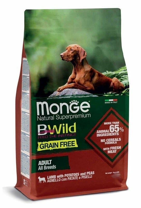 Monge Natural SuperPremium Grain Free Formula Toutes races, saveur agneau, pommes de terre et petits pois, croquettes pour chiens adultes, sac de 12 kg