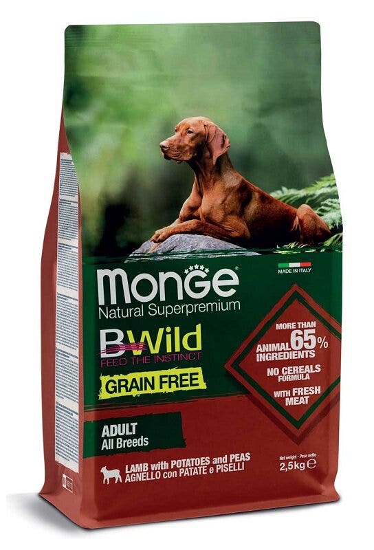 Monge Grain Free All Breeds Adult Croquettes Agneau aux pommes de terre et petits pois pour chiens adultes Sac de 2,5 kg