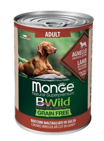 Monge Natural Super Premium Bwild Grain Free Formula All Breeds Saveur Agneau, Potiron et Courgettes Nourriture humide pour chiens adultes Boîte de 400 g