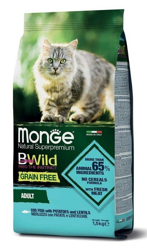 Monge B Wild Grain Free au cabillaud, pommes de terre et lentilles - Croquettes pour chats adultes - Sac de 1,5 kg