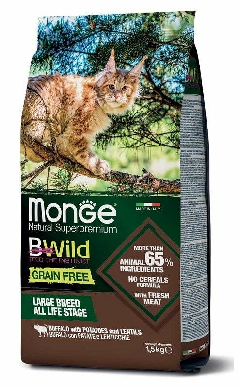 Monge B Wild Grain Free All Life Stage Large Breed au buffle, pommes de terre et lentilles, croquettes pour chats, sac de 1,5 kg