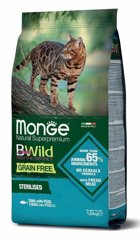 Monge B Wild Grain Free Sterilised au thon et aux petits pois, croquettes pour chats stérilisés, sac de 1,5 kg