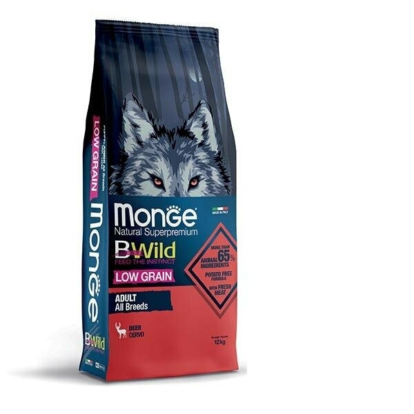 Monge B Wild Low Grain All Breeds au cerf, croquettes pour chiens adultes, sac de 12 kg
