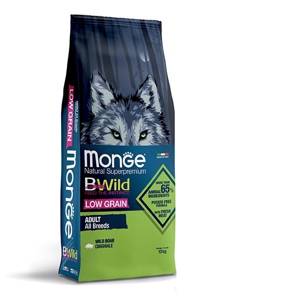 Monge B Wild Low Grain All Breeds au sanglier, croquettes pour chiens adultes, sac de 12 kg