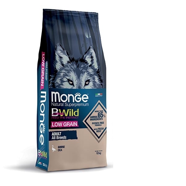 Monge B Wild Low Grain All Breeds à l'oie, croquettes pour chiens adultes, sac de 12 kg