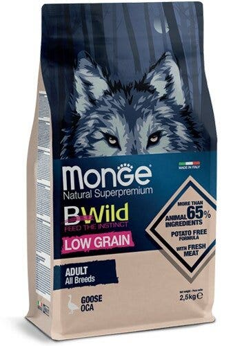 Monge B Wild Low Grain All Breeds à l'oie, croquettes pour chiens adultes, sac de 2,5 kg