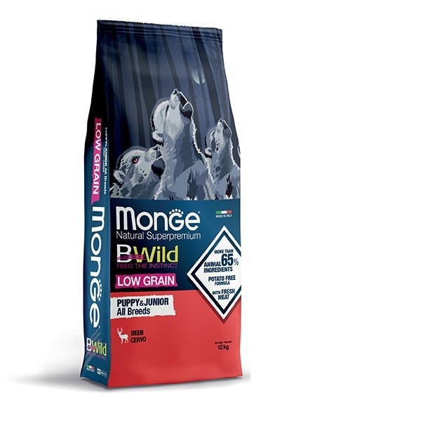 Monge B Wild Low Grain All Breeds au cerf, croquettes pour chiots, sac de 12 kg