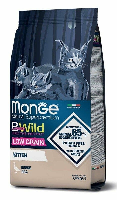 Monge B Wild Low Grain à l'oie, croquettes pour chatons, sac de 1,5 kg