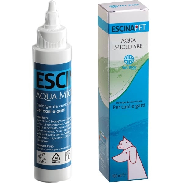 Escinapet Aqua Micellaire pour la peau, le pavillon et le conduit auditif des chiens et des chats, 100 ml