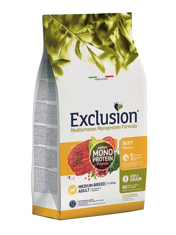 Exclusion Mediterraneo Formule Monoprotéique Noble Grain Beef Croquettes au bœuf pour chiens adultes de taille moyenne, sac de 3 kg