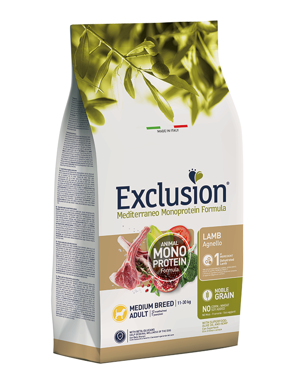Exclusion Mediterraneo Monoprotein Formula Noble Grain Lamb Croquettes à l'agneau pour chiens adultes de taille moyenne, sac de 12 kg