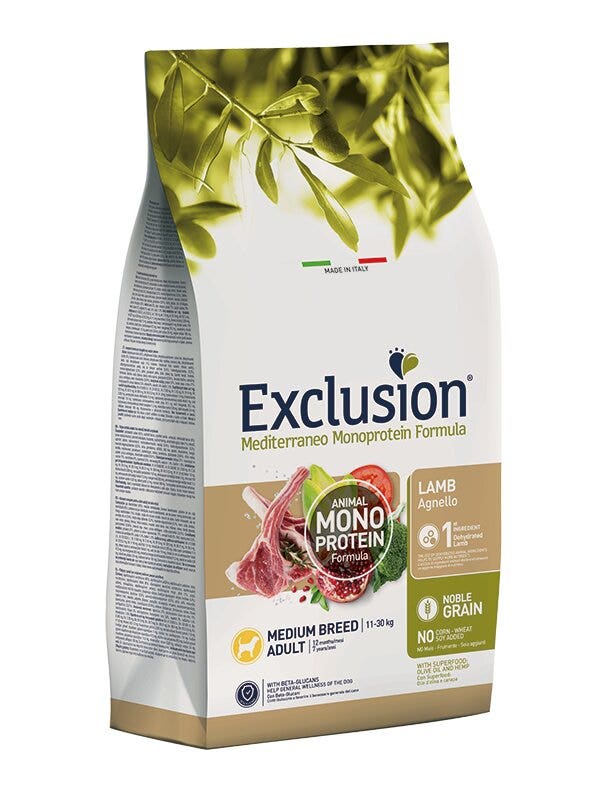 Exclusion Mediterraneo Monoprotein Formula Noble Grain Lamb Croquettes à l'agneau pour chiens adultes de taille moyenne, sac de 3 kg