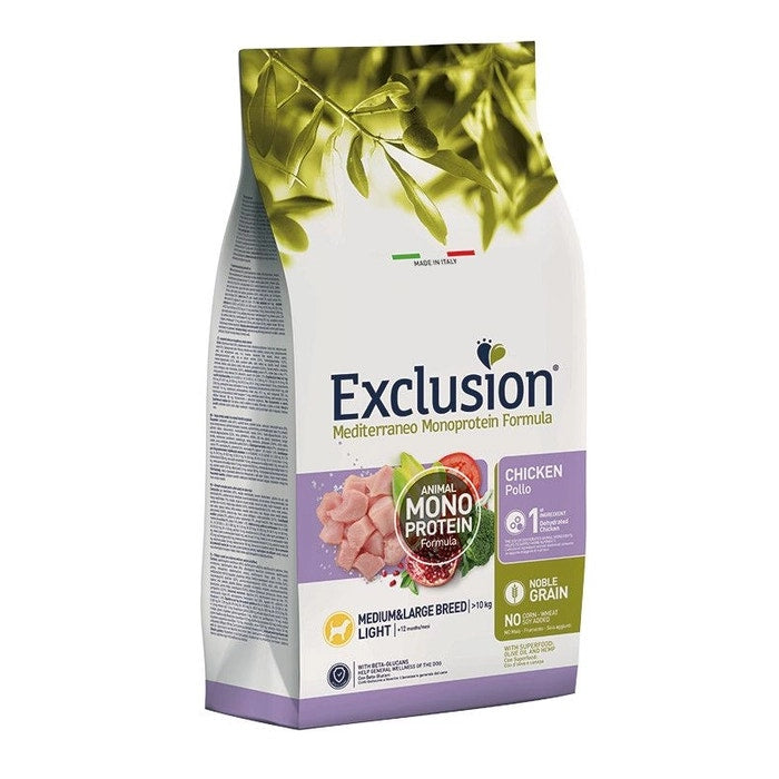 Exclusion Mediterraneo Monoprotein Noble Grain Croquettes au poulet Light pour chiens, sac de 12 kg