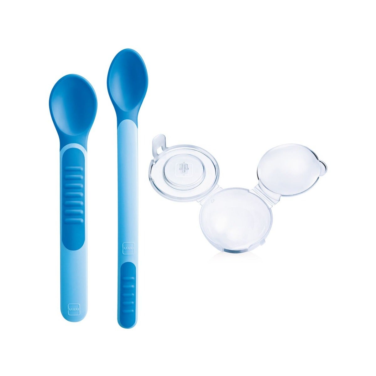 Mam Heat Sensitive Spoons & Cover Set Cuillères bleues avec couvercle 6 mois+
