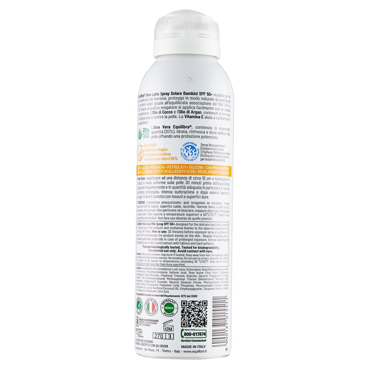 Equilibra Aloe Lait Spray Solaire Corps Enfants Peau Délicate SPF50+ 150 ml