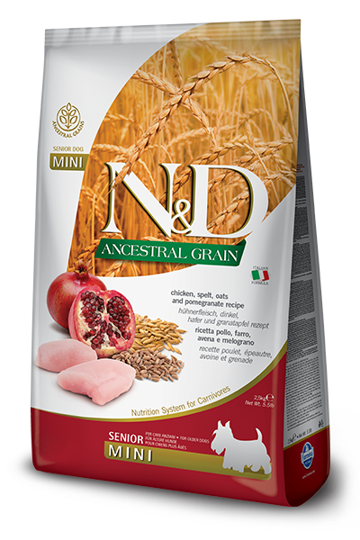Farmina N&D Ancestral Grain Poulet et Grenade Chiens Seniors Taille Mini Sac 2,5 kg