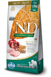 Farmina N&D Ancestral Grain Selection Poulet et Grenade Chiens Adultes de Taille Moyenne et Grande Sac de 15 kg