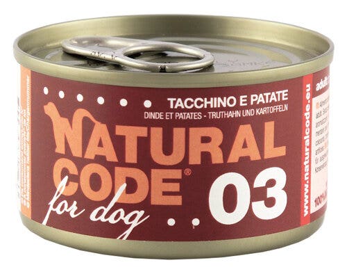 Natural Code 03 Dinde et pommes de terre pour chiens adultes, boîte de 90 g