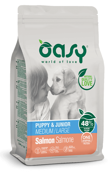 Oasy Dry Monoproteico Croquettes au saumon pour chiots de taille moyenne/grande, sac de 12 kg