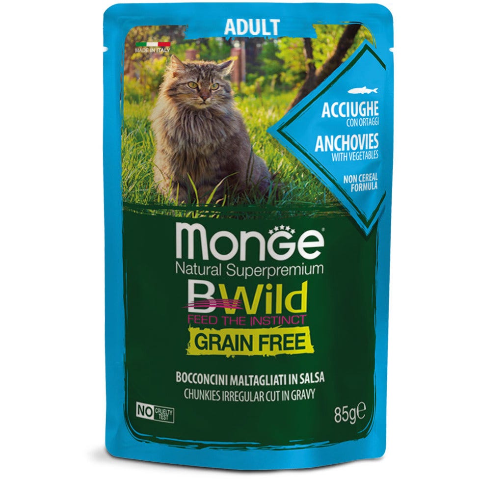 Monge B Wild Grain Free Anchois aux légumes, nourriture humide pour chats adultes, 85 g