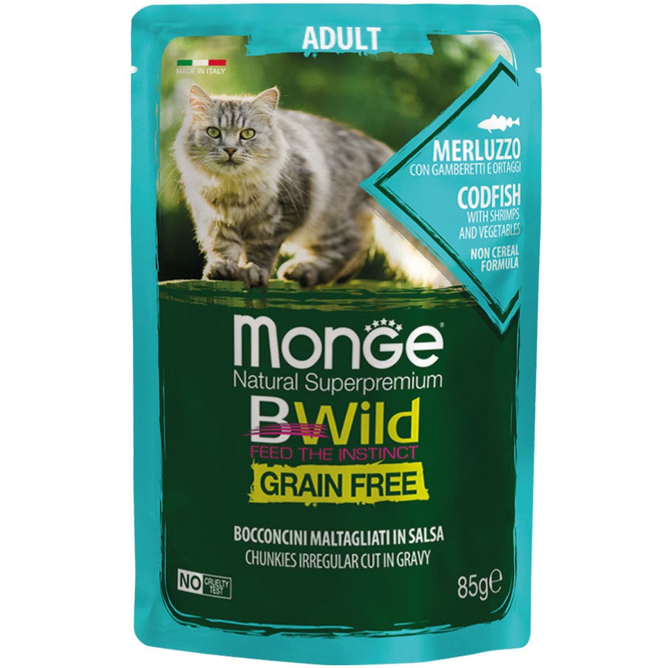 Monge B Wild Grain Free Morue, Crevettes et Légumes - Nourriture humide pour chats adultes 85 g