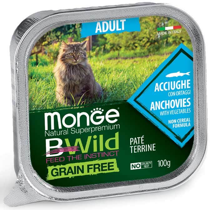 Monge B Wild Grain Free Anchois aux légumes, nourriture humide pour chats adultes 100 g