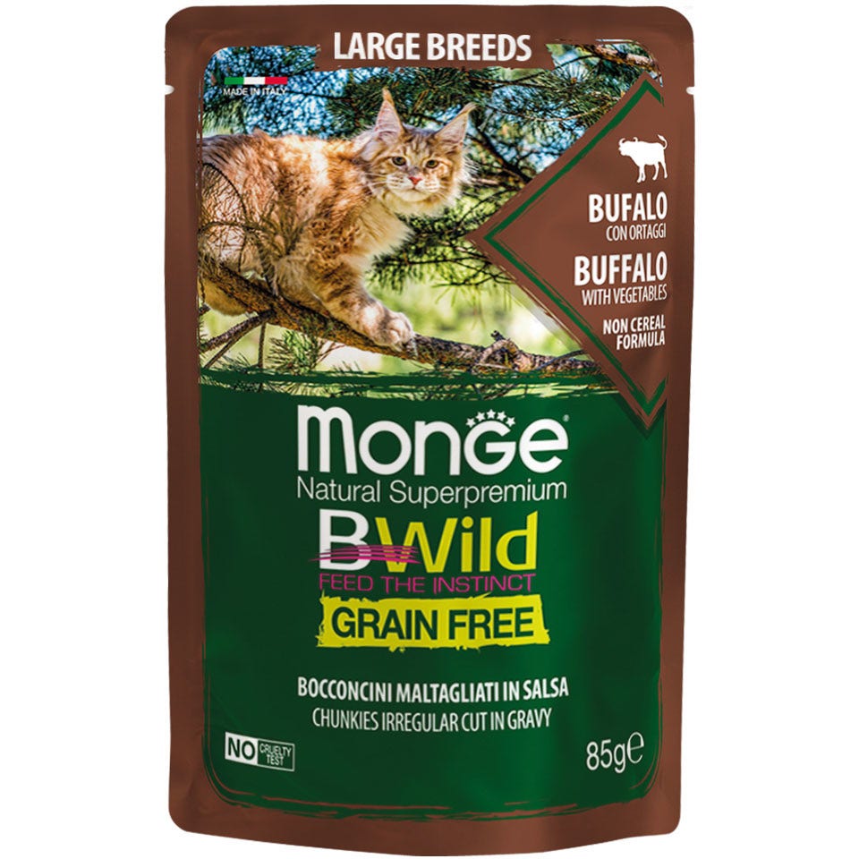 Monge B Wild Grain Free Bufalo aux légumes, nourriture humide pour chats adultes et chatons de grande taille, 85 g