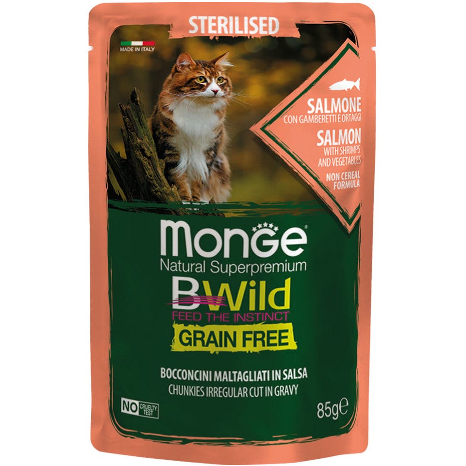 Monge B Wild Grain Free Saumon Crevettes aux Légumes Nourriture Humide pour Chats Stérilisés 85 g