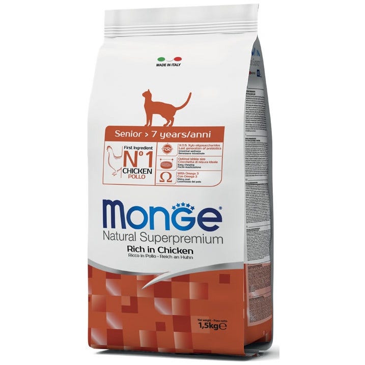 Monge Riche en Poulet Croquettes pour Chats Adultes de plus de 7 ans Sac de 1,5 kg