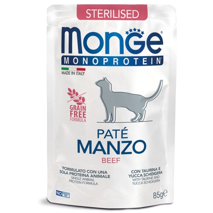 Monge Monoprotein Sterilised Pâté au bœuf, nourriture humide pour chats adultes stérilisés, 85 g