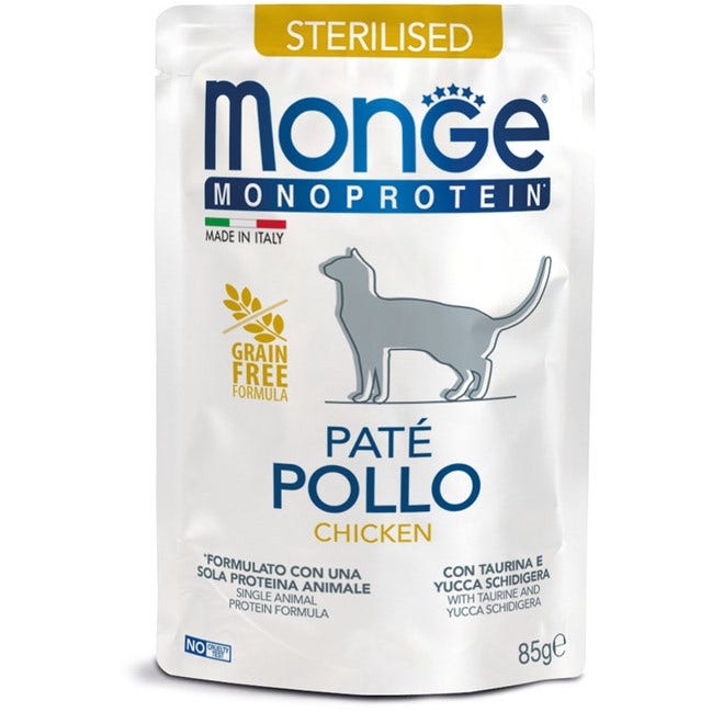 Monge Monoprotein Sterilised Pâté au poulet, nourriture humide pour chats adultes stérilisés, 85 g