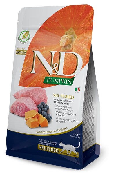 Farmina N&D Pumpkin Neutered Agneau et potiron pour chats adultes stérilisés, sac de 300 g