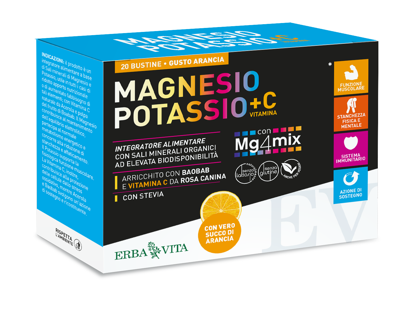 Erba Vita Magnésium et Potassium + Vitamine C, saveur orange, 20 sachets