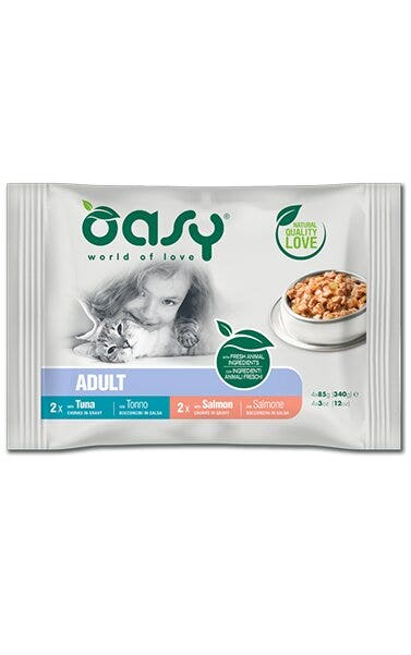 Oasy Bouchées en sauce pour chats adultes, lot de 4 x 85 g, sélection de poissons