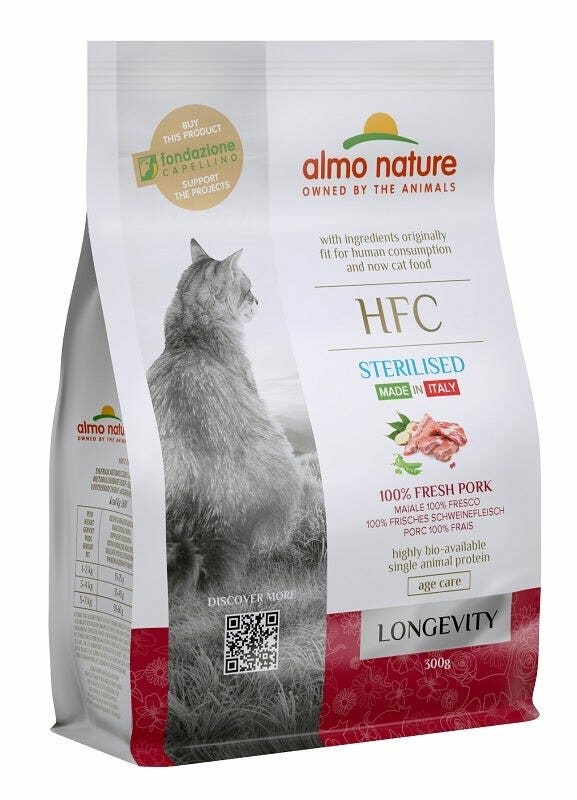 Almo Nature HFC Longevity Croquettes au porc pour chats adultes stérilisés, sac de 300 g