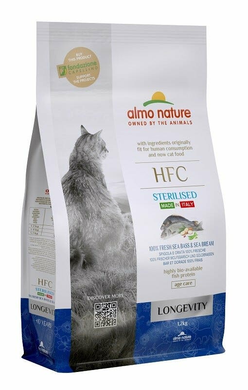 Almo Nature HFC Longevity Croquettes au bar et à la dorade pour chats adultes stérilisés, sac de 1,2 kg