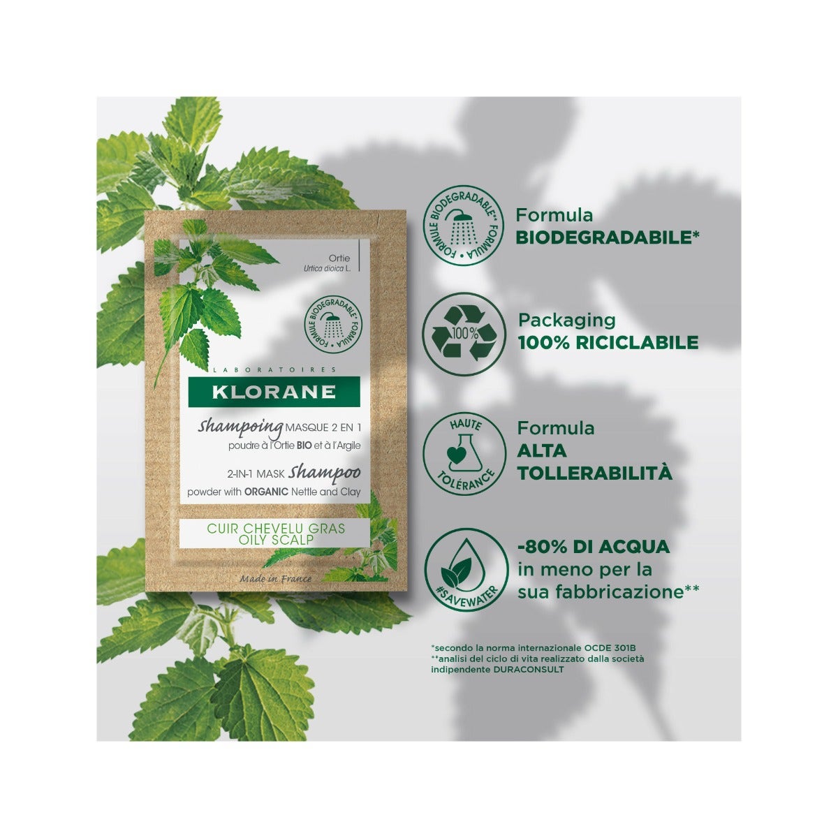 Klorane Shampoo Maschera Lavante 2 In1 Polvere Ortica E Argilla Bio Cuoio Capelluto Grasso 8X3g