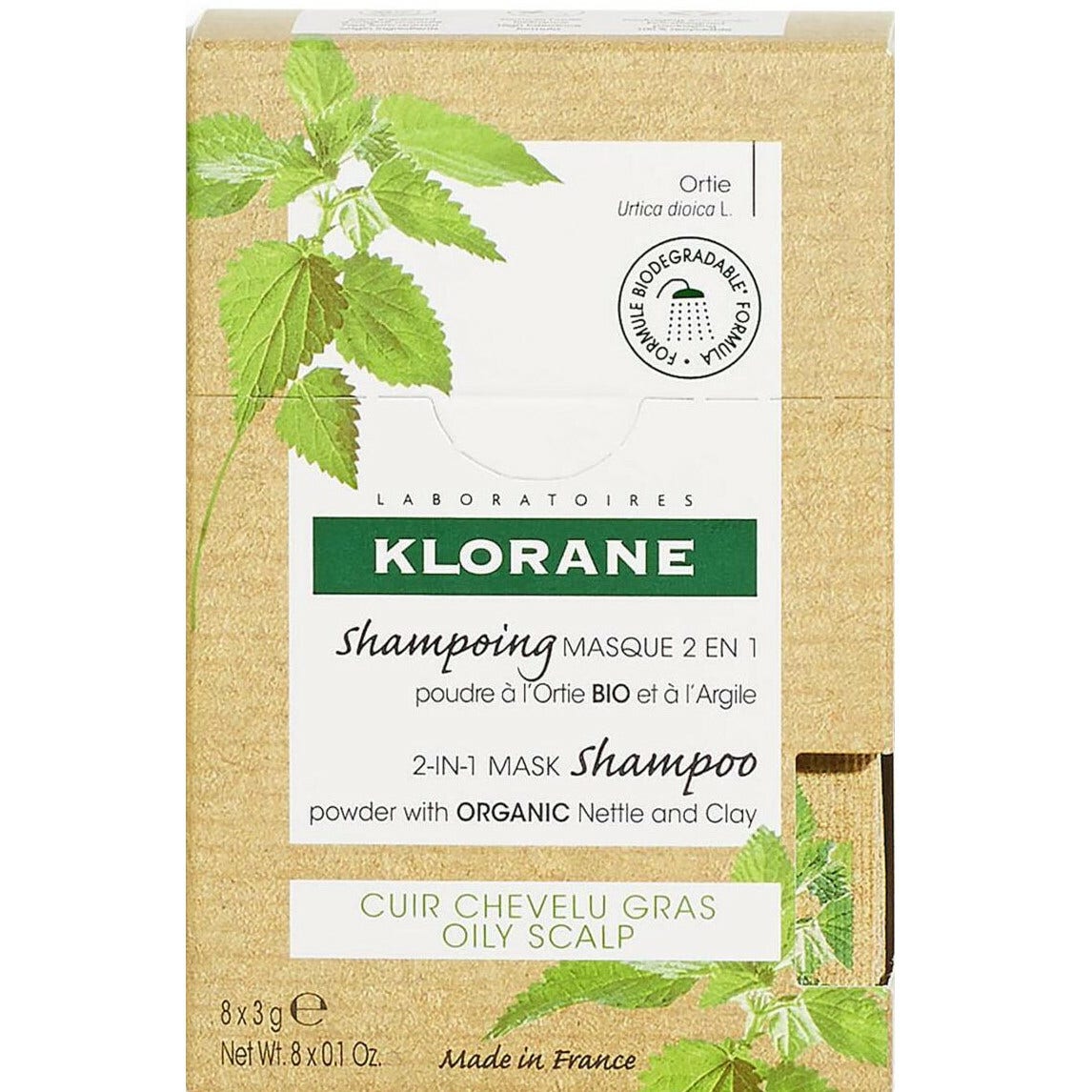 Klorane Shampooing-masque lavant 2 en 1 à la poudre d'ortie et à l'argile bio pour cuir chevelu gras 8 x 3 g