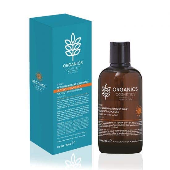 Organics Cosmetics Nettoyant après-soleil à la noix de coco et au tournesol pour le corps et les cheveux 250 ml