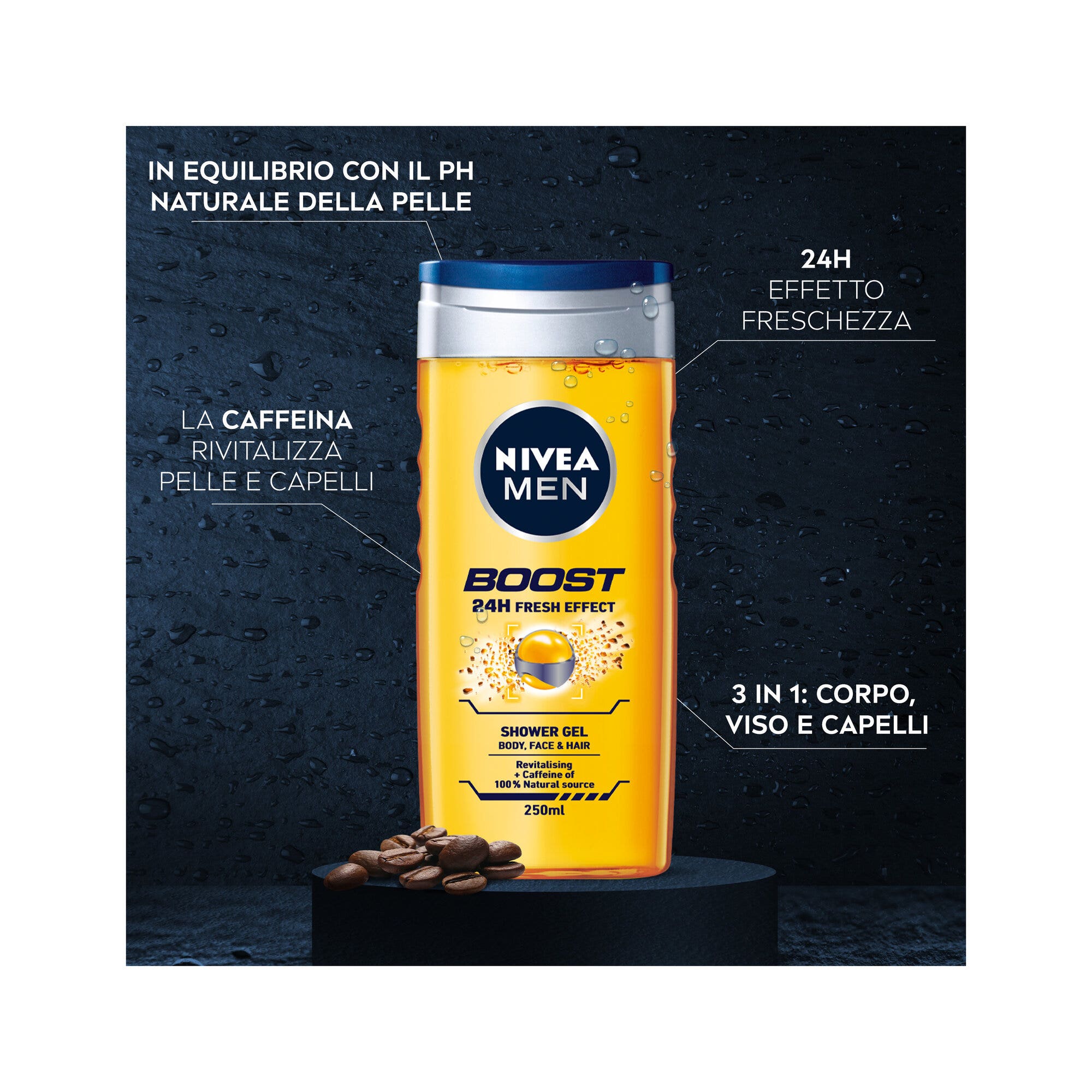 Nivea Men Douche Shampooing Boost Gel Douche Énergisant pour Homme Visage, Corps et Cheveux 250 ml