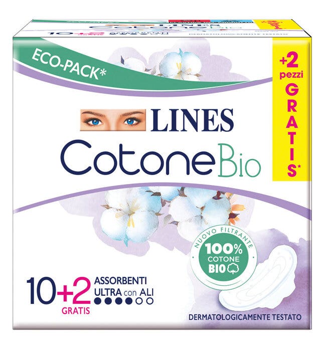 Lines Coton Bio 12 Serviettes Hygiéniques Ultra avec Ailes