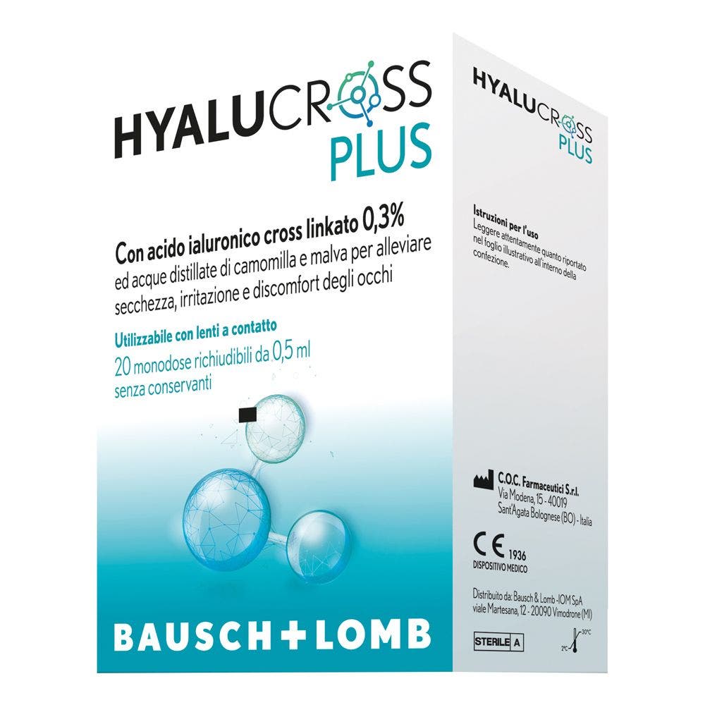 Hyalucross Plus Gouttes ophtalmiques pour les yeux, 20 flacons unidoses