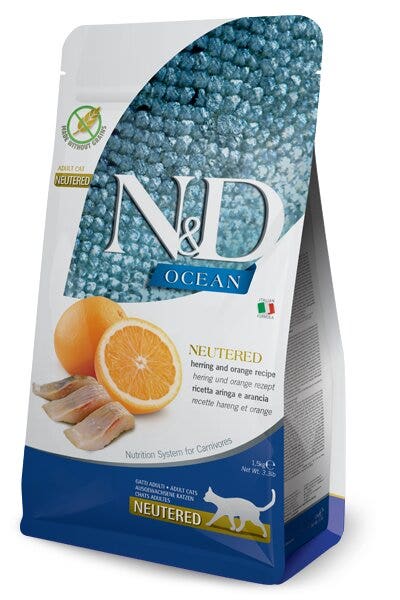 Farmina N&D Ocean Neutered Hareng et Orange pour chats adultes stérilisés, sac de 1,5 kg