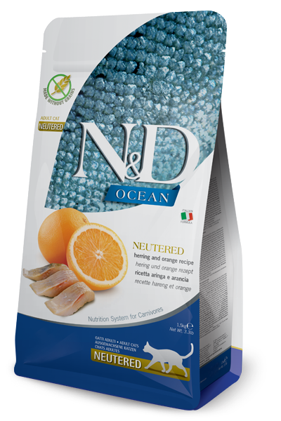 Farmina N&D Ocean Neutered Hareng et Orange pour chats adultes stérilisés, sachet de 300 g